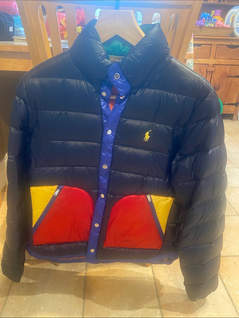Ralph Lauren Black Colorblock Puffer Jacket with Red & Yellow Pockets